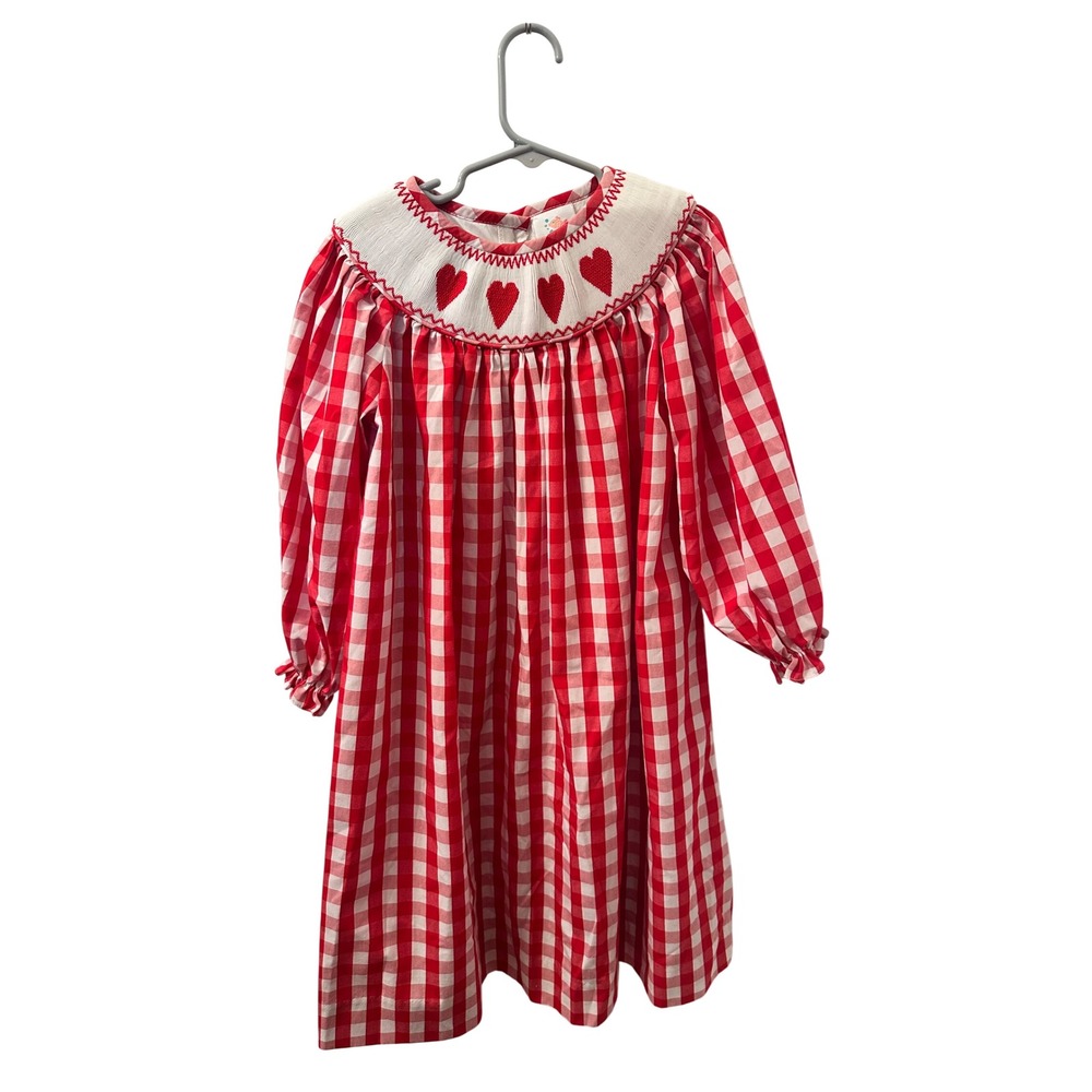 Stitchy Fish Girls Red White Gingham Smocked Heart Long Sleeve Dress Size 6